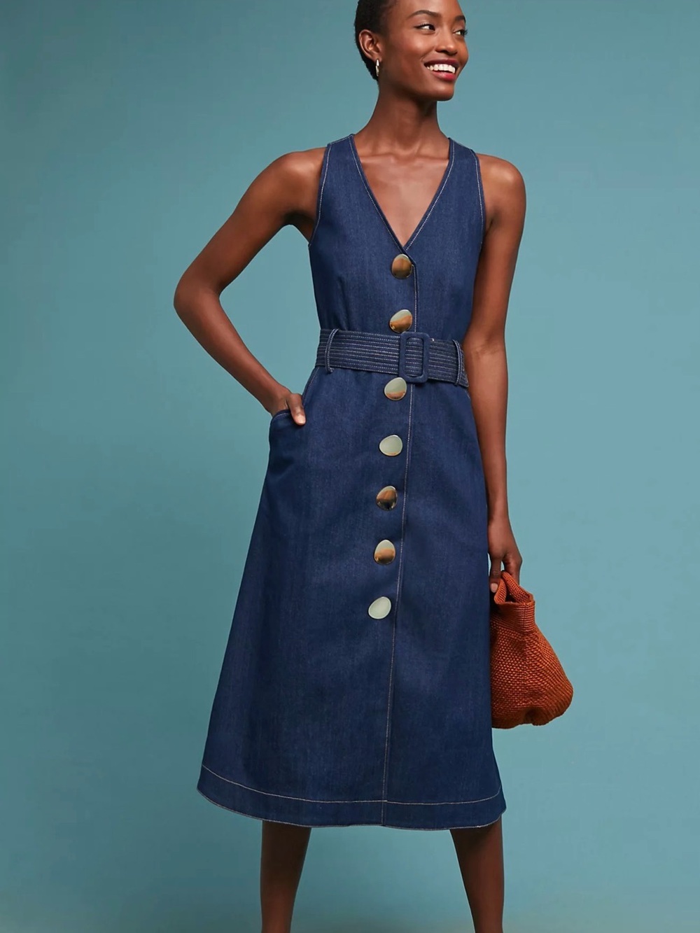 Sleeveless Dark Blue Denim Midi Dress with Belt UK6
